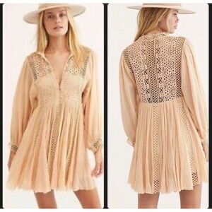 FP One XS bohemian mini dress peach orange feminine Cottagecore flowy eyelet